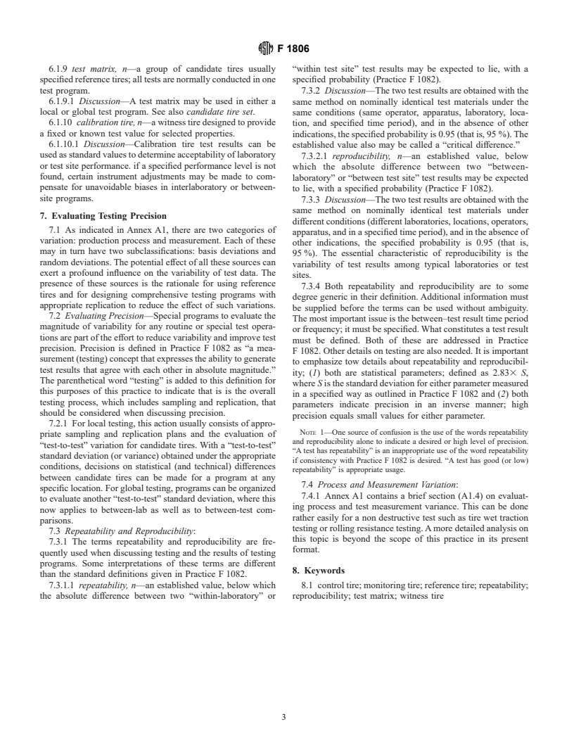 ASTM F1806-97(2001) - Standard Practice for Tire Testing Operations&#8212;Basic Concepts and Terminology for Reference Tire Use