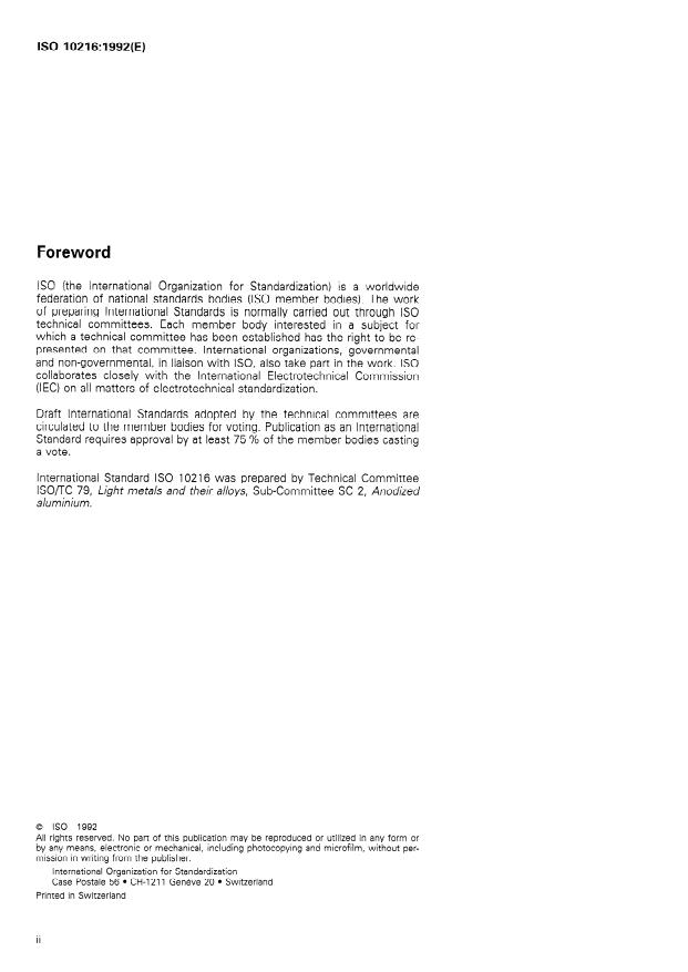 ISO 10216:1992 ISO 10216:1992 - Anodized aluminium and aluminium alloys -- Instrumental determination of image clarity of anodic oxidation coatings -- Instrumental method - Page 2 preview