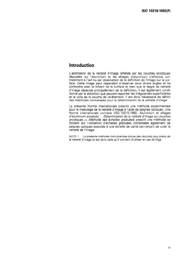 ISO 10216:1992 - Aluminium et alliages d'aluminium anodisés -- Détermination de la netteté d'image sur couches anodiques -- Méthode instrumentale