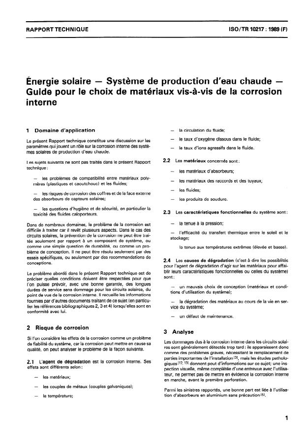 ISO/TR 10217:1989 - Énergie solaire -- Systeme de production d'eau chaude -- Guide pour le choix de matériaux vis-a-vis de la corrosion interne
