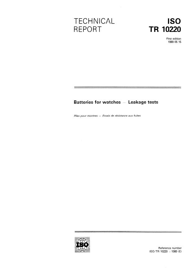 ISO/TR 10220:1989 - Batteries for watches -- Leakage tests
