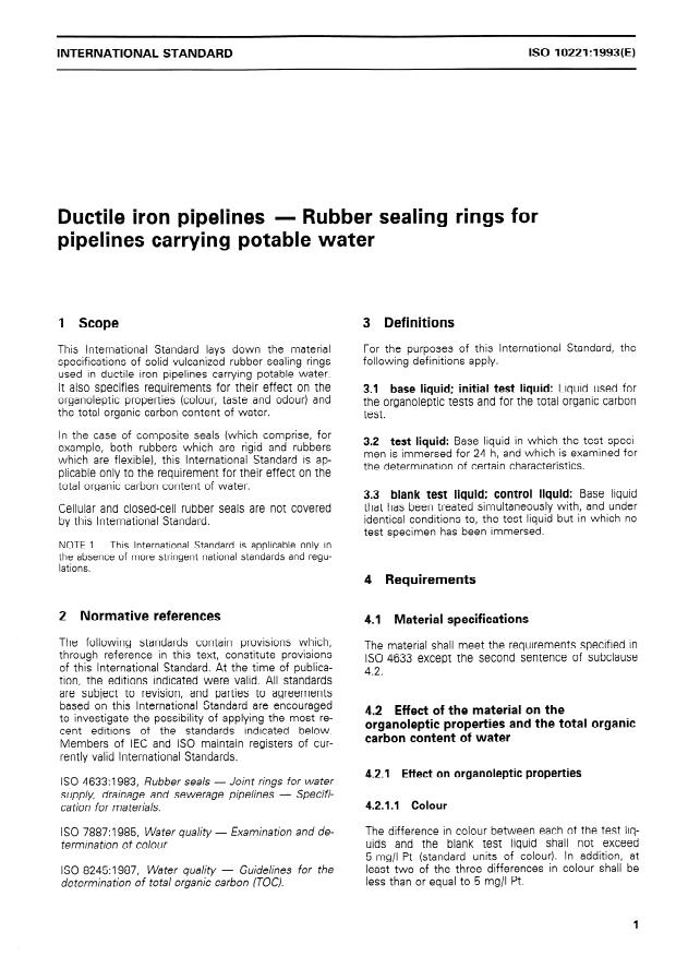 ISO 10221:1993 - Ductile iron pipelines -- Rubber sealing rings for pipelines carrying potable water