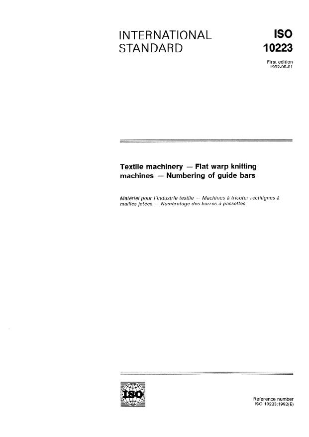 ISO 10223:1992 - Textile machinery -- Flat warp knitting machines -- Numbering of guide bars