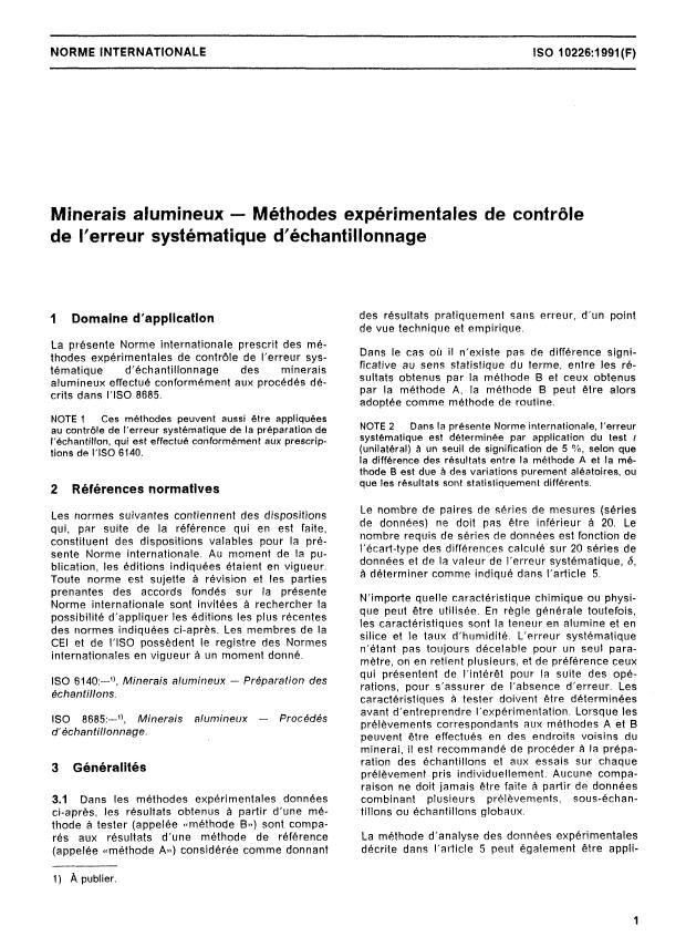 ISO 10226:1991 - Minerais alumineux -- Méthodes expérimentales de contrôle de l'erreur systématique d'échantillonnage