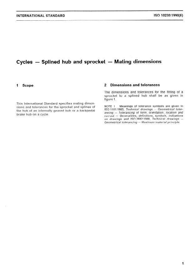 ISO 10230:1990 - Cycles -- Splined hub and sprocket -- Mating dimensions