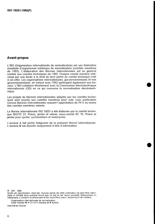 ISO 10231:1992 ISO 10231:1992 - Pneumatiques pour motocycles -- Méthodes d'essai pour la vérification de l'aptitude des pneumatiques - Page 2 preview