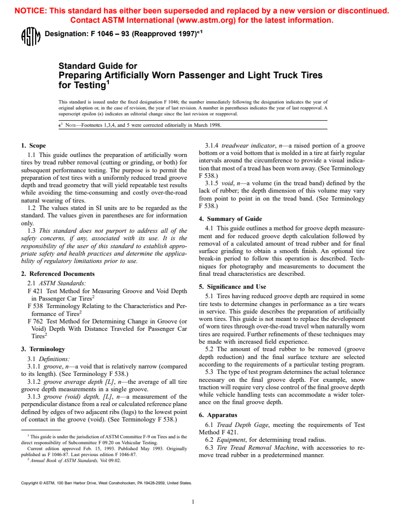 ASTM F1046-93(1997)e1 - Standard Guide for Preparing Artificially Worn Passenger and Light Truck Tires for Testing