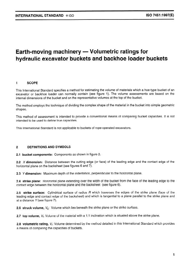 ISO 7451:1997 - Earth-moving machinery -- Volumetric ratings for hydraulic excavator buckets and backhoe loader buckets