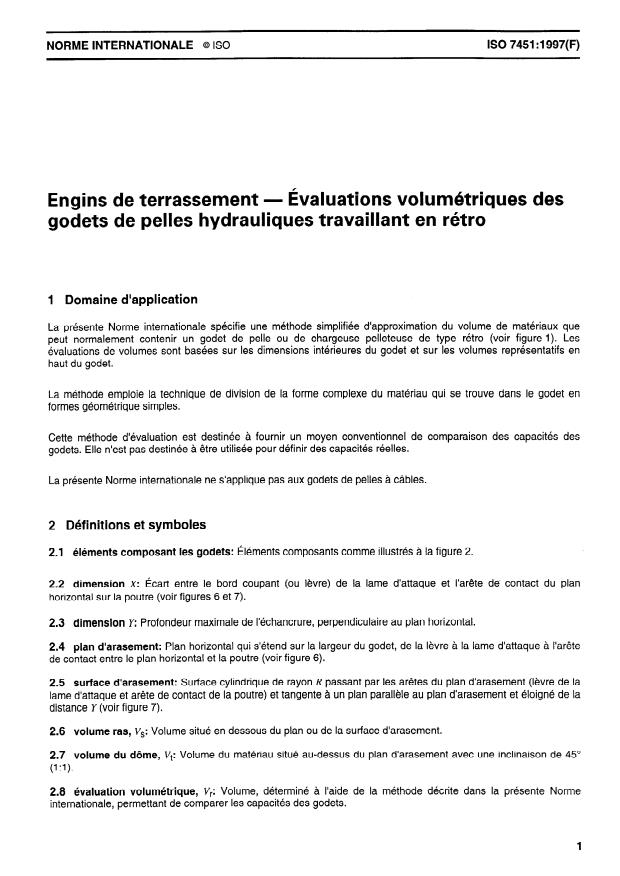 ISO 7451:1997 - Engins de terrassement -- Évaluations volumétriques des godets de pelles hydrauliques travaillant en rétro
