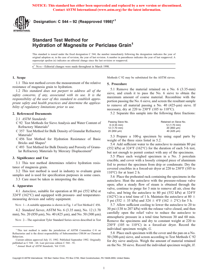 ASTM C544-92(1998)e1 - Standard Test Method for Hydration of Magnesite or Periclase Grain