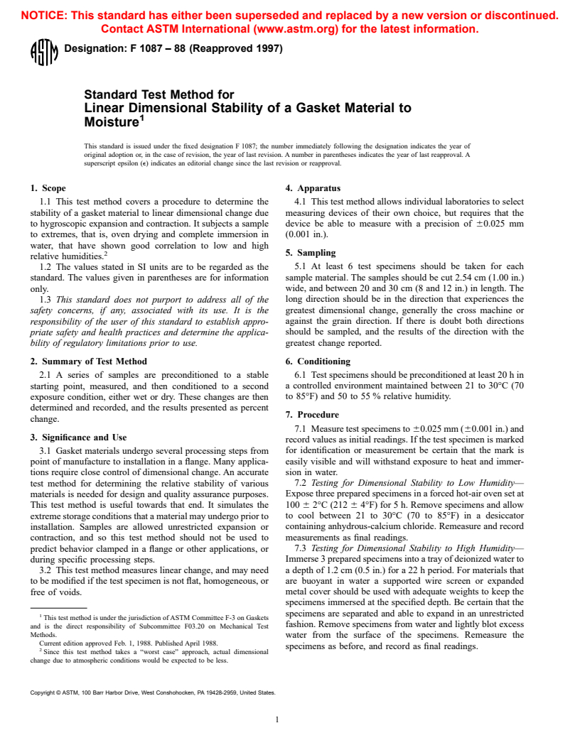 ASTM F1087-88(1997) - Standard Test Method for Linear Dimensional Stability of a Gasket Material to Moisture