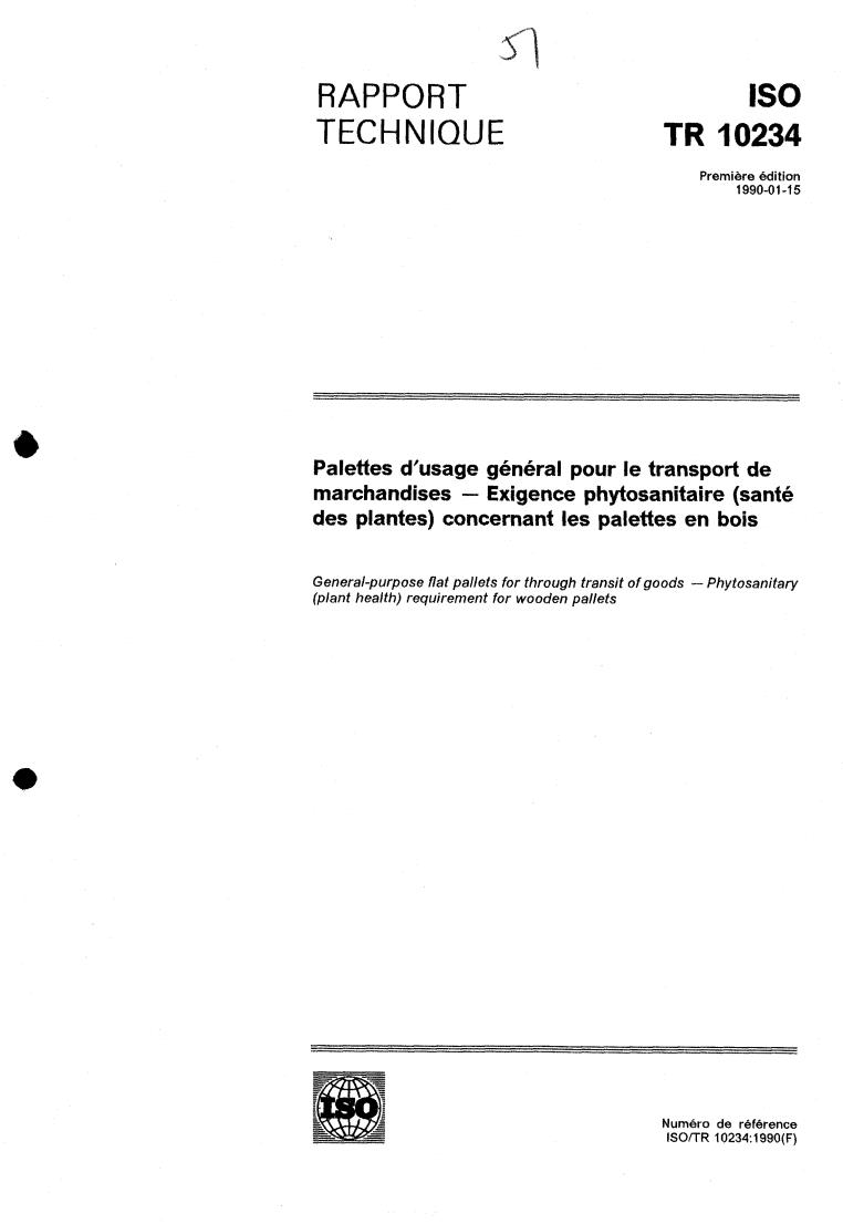 ISO/TR 10234:1990 - General-purpose flat pallets for through transit of goods — Phytosanitary (plant health) requirement for wooden pallets
Released:1/11/1990