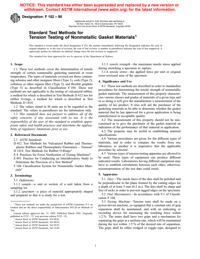 ASTM F152-95 - Standard Test Methods for Tension Testing of Nonmetallic Gasket Materials