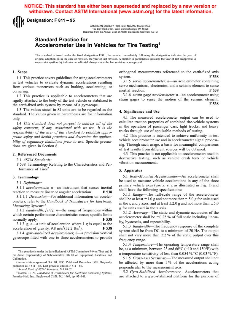 ASTM F811-95 - Standard Practice for Accelerometer Use in Vehicles for Tire Testing