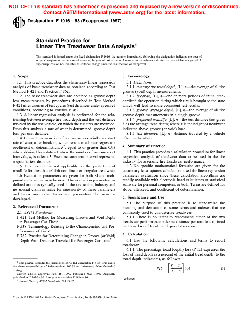 ASTM F1016-93(1997) - Standard Practice for Linear Tire Treadwear Data Analysis