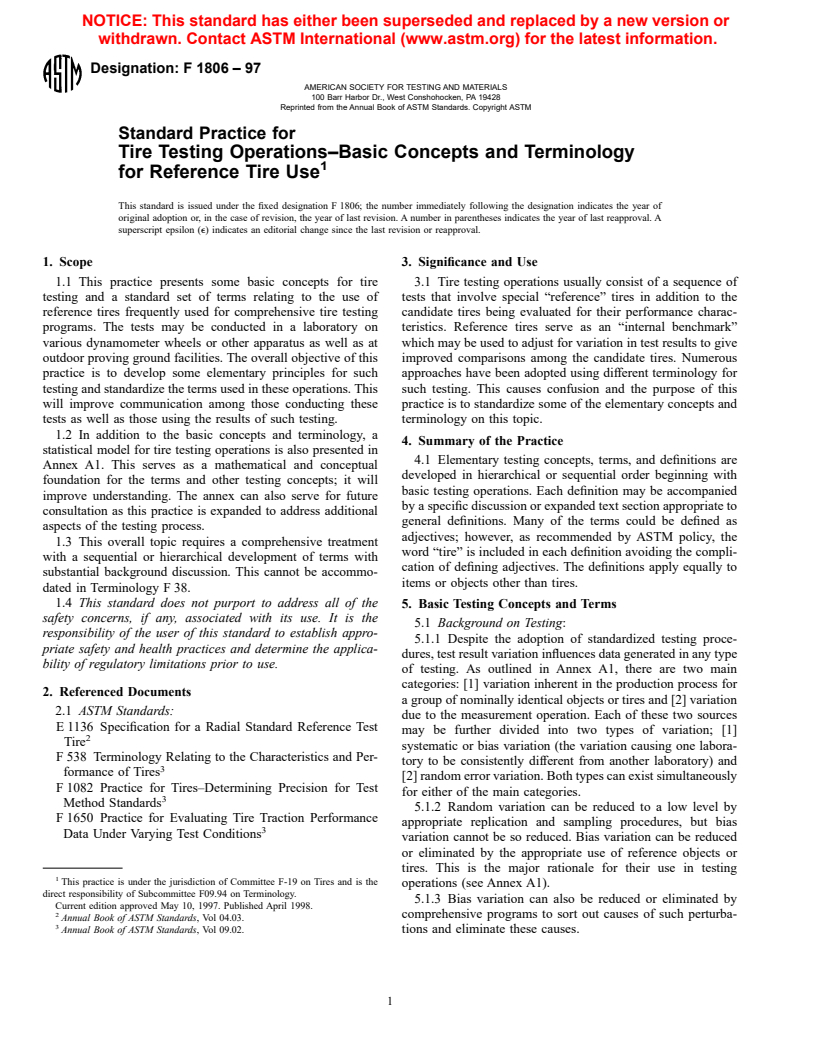 ASTM F1806-97 - Standard Practice for Tire Testing Operations&#8212;Basic Concepts and Terminology for Reference Tire Use