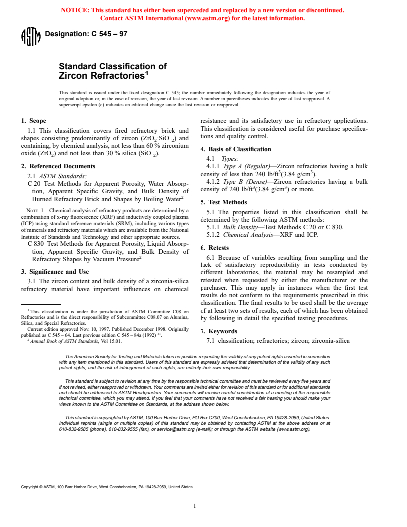 ASTM C545-97 - Standard Classification of Zircon Refractories