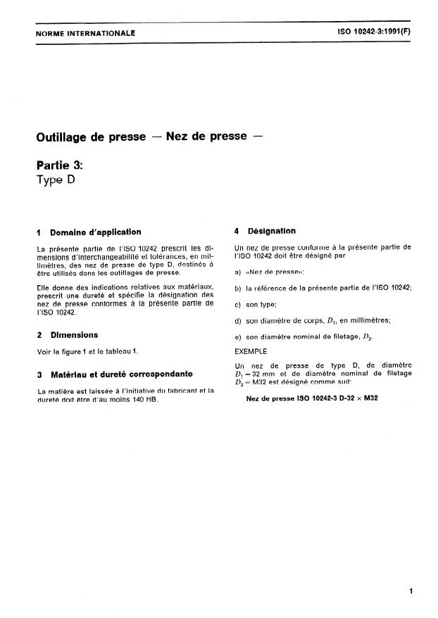 ISO 10242-3:1991 - Outillage de presse -- Nez de presse
