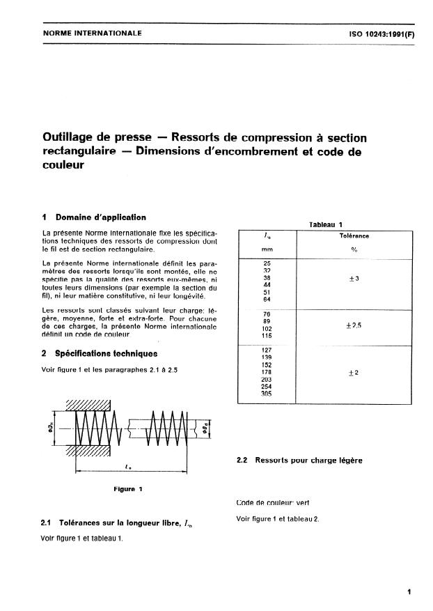 ISO 10243:1991 - Outillage de presse -- Ressorts de compression a section rectangulaire -- Dimensions d'encombrement et code de couleur