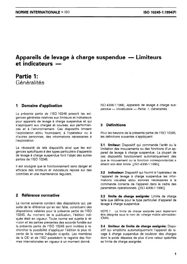 ISO 10245-1:1994 - Appareils de levage a charge suspendue -- Limiteurs et indicateurs