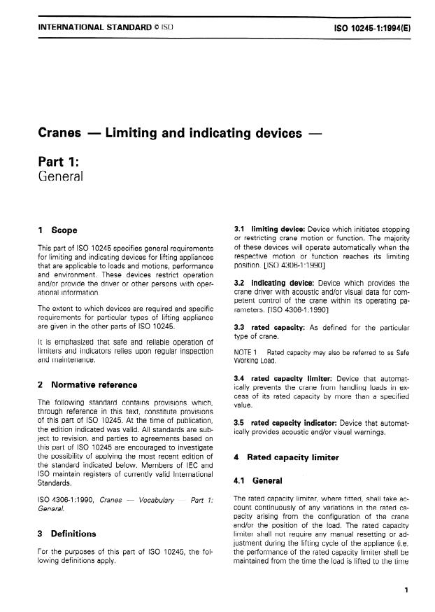 ISO 10245-1:1994 - Cranes -- Limiting and indicating devices