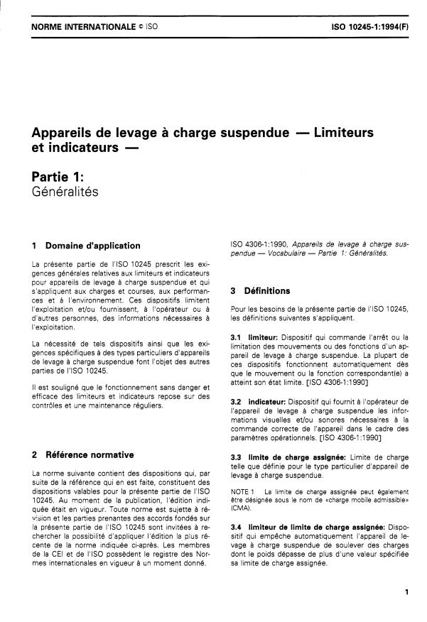 ISO 10245-1:1994 - Appareils de levage a charge suspendue -- Limiteurs et indicateurs