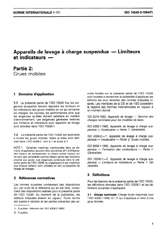 ISO 10245-2:1994 - Appareils de levage a charge suspendue -- Limiteurs et indicateurs