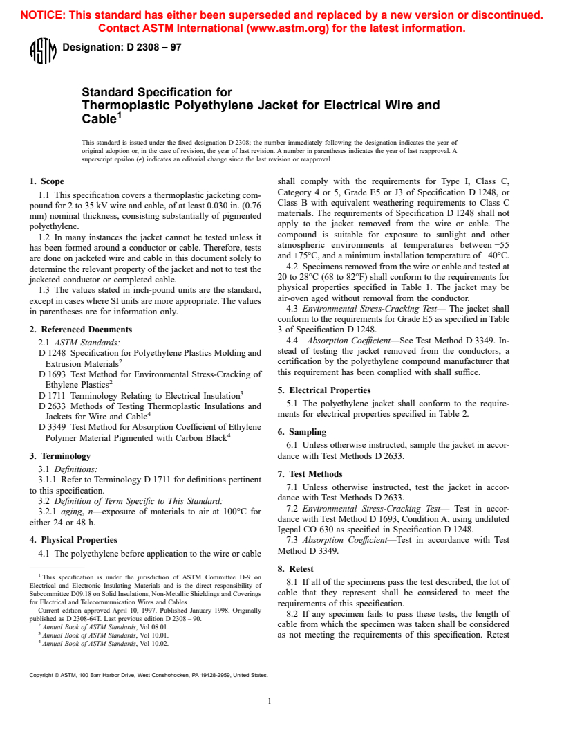 ASTM D2308-97 - Standard Specification for Thermoplastic Polyethylene Jacket for Electrical Wire and Cable