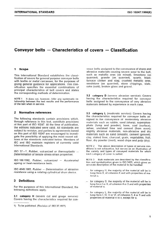 ISO 10247:1990 - Conveyor belts -- Characteristics of covers -- Classification