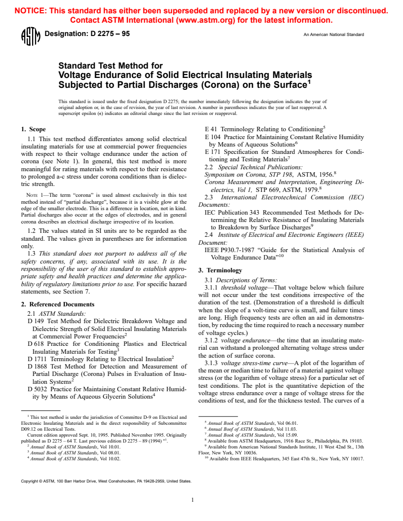 ASTM D2275-95 - Standard Test Method for Voltage Endurance of Solid Electrical Insulating Materials Subjected to Partial Discharges (Corona) on the Surface