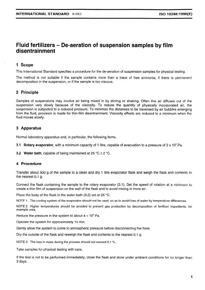 ISO 10248:1996 - Fluid fertilizers — De-aeration of suspension samples by film disentrainment
Released:12/19/1996