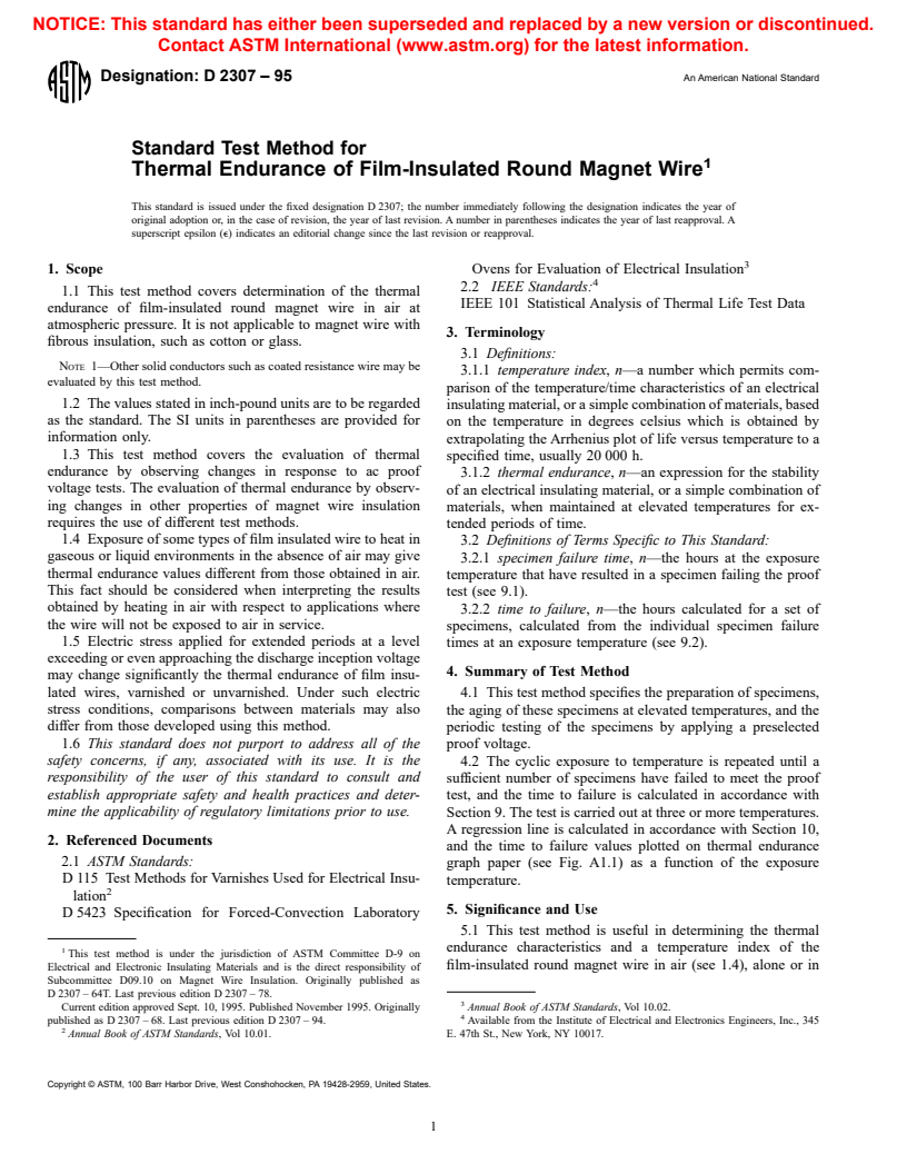 ASTM D2307-95 - Standard Test Method for Thermal Endurance of Film-Insulated Round Magnet Wire