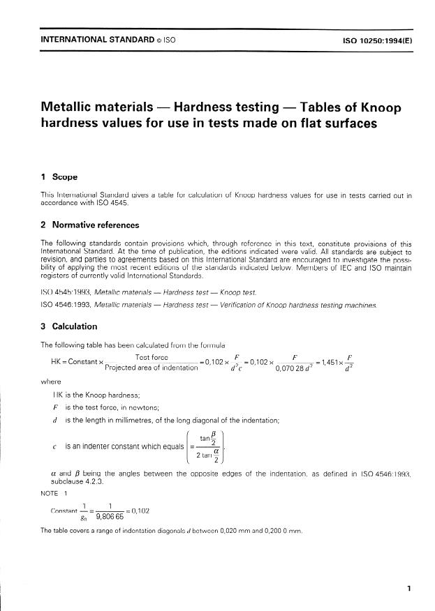 ISO 10250:1994 - Metallic materials -- Hardness testing -- Tables of Knoop hardness values for use in tests made on flat surfaces