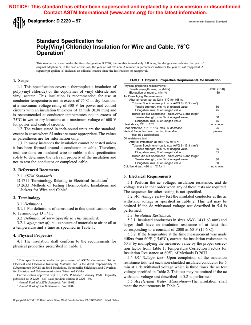 ASTM D2220-97 - Standard Specification for Poly(Vinyl Chloride) Insulation for Wire and Cable, 75&#176C Operation