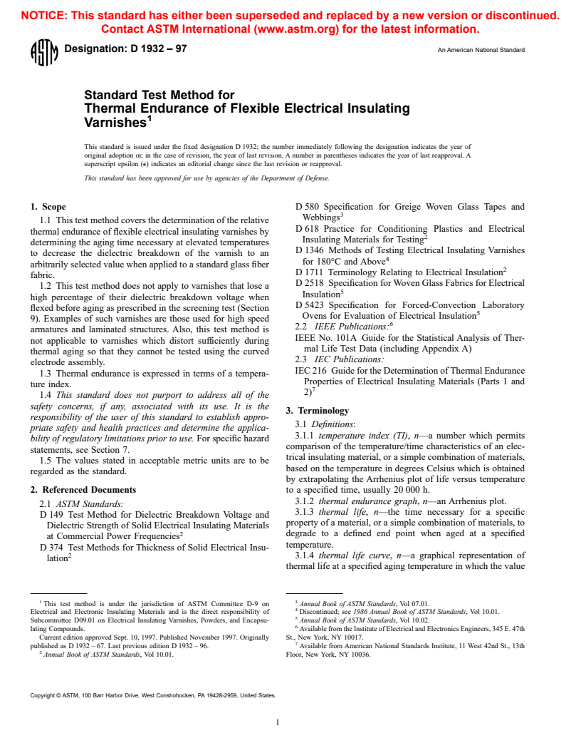 ASTM D1932-97 - Standard Test Method for Thermal Endurance of Flexible Electrical Insulating Varnishes