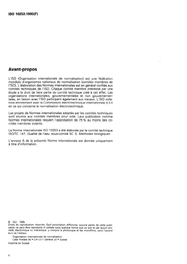 ISO 10253:1995 ISO 10253:1995 - Qualité de l'eau -- Essai d'inhibition de la croissance des algues marines avec Skeletonema costatum et Phaeodactylum tricornutum - Page 2 preview