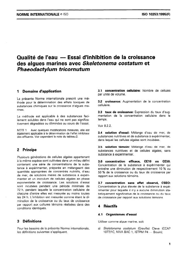 ISO 10253:1995 - Qualité de l'eau -- Essai d'inhibition de la croissance des algues marines avec Skeletonema costatum et Phaeodactylum tricornutum