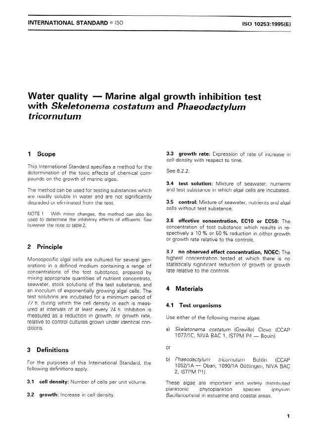 ISO 10253:1995 - Water quality -- Marine algal growth inhibition test with Skeletonema costatum and Phaeodactylum tricornutum
