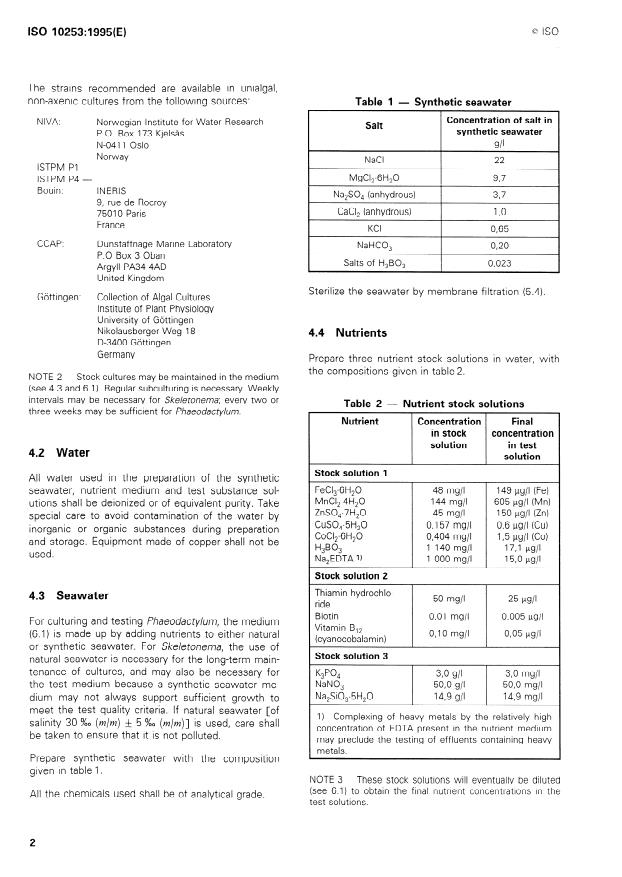 ISO 10253:1995 ISO 10253:1995 - Water quality -- Marine algal growth inhibition test with Skeletonema costatum and Phaeodactylum tricornutum - Page 4 preview