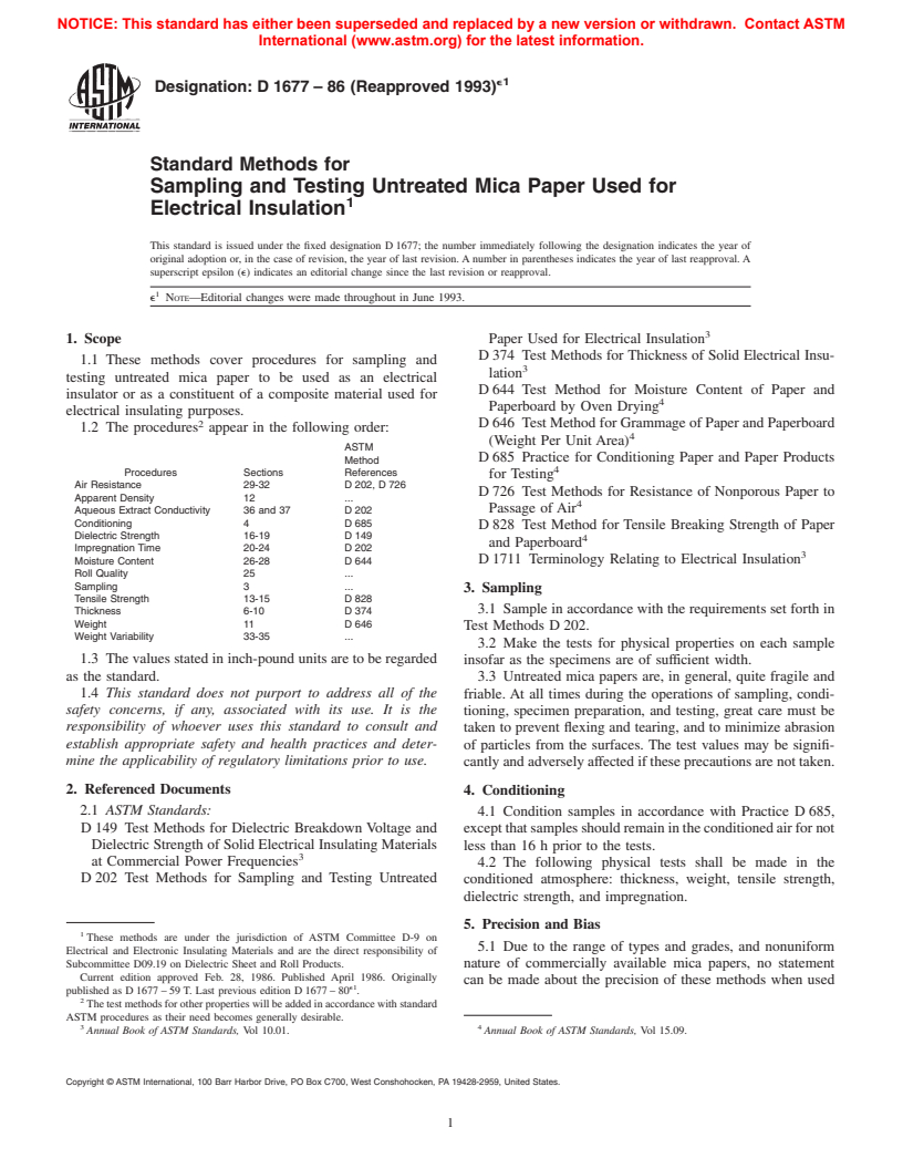 ASTM D1677-86(1993)e1 - Standard Methods for Sampling and Testing Untreated Mica Paper Used for Electrical Insulation