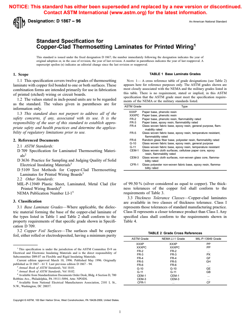 ASTM D1867-96 - Standard Specification for Copper-Clad Thermosetting Laminates for Printed Wiring