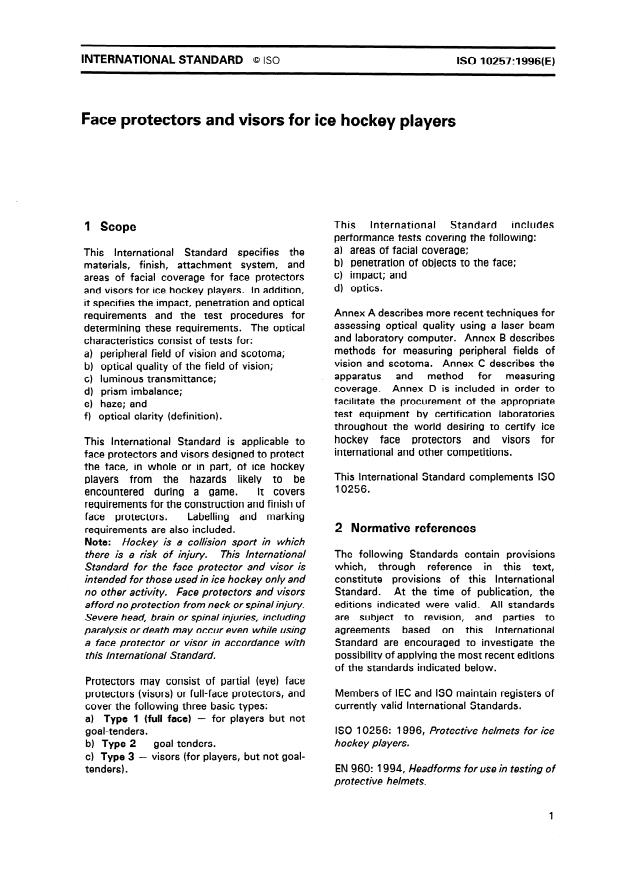 ISO 10257:1996 - Face protectors and visors for ice hockey players
