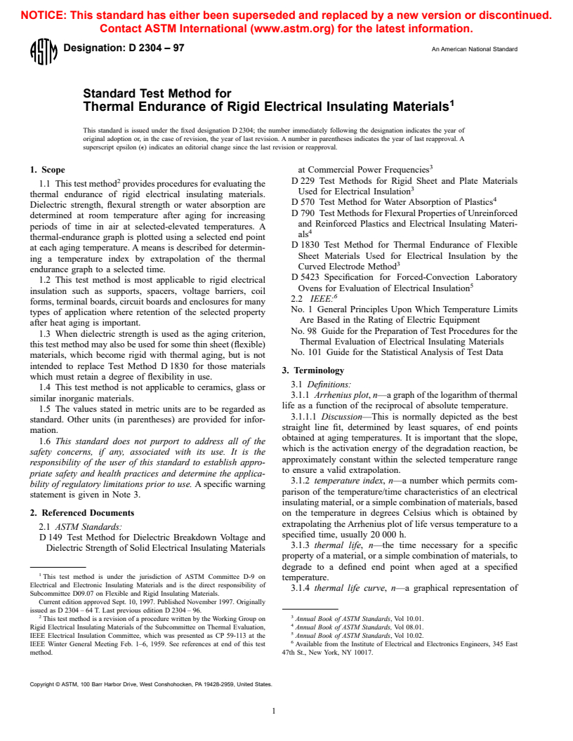 ASTM D2304-97 - Standard Test Method for Thermal Endurance of Rigid Electrical Insulating Materials