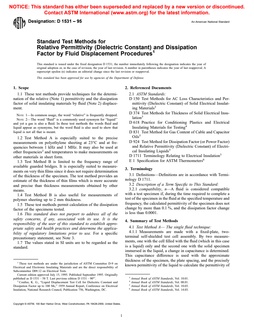 ASTM D1531-95 - Standard Test Methods for Relative Permittivity (Dielectric Constant) and Dissipation Factor by Fluid Displacement Procedures