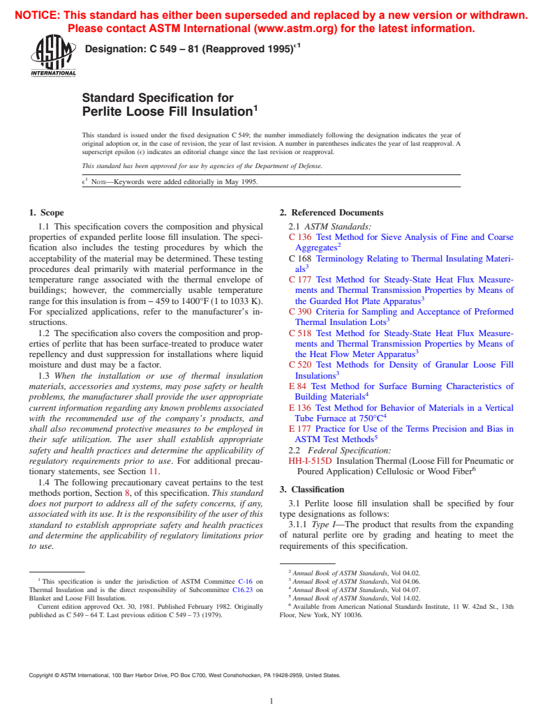 ASTM C549-81(1995)e1 - Standard Specification for Perlite Loose Fill Insulation