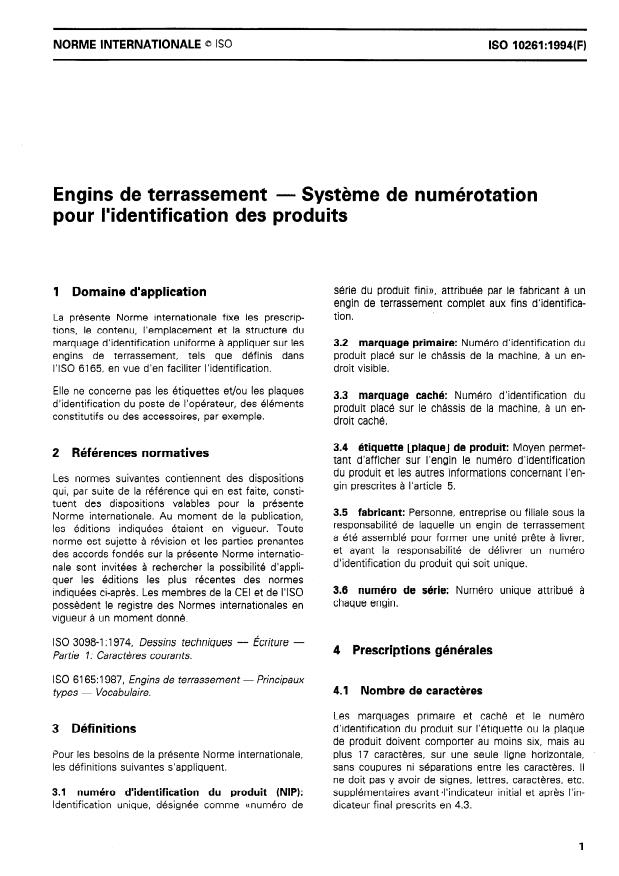 ISO 10261:1994 - Engins de terrassement -- Systeme de numérotation pour l'identification des produits