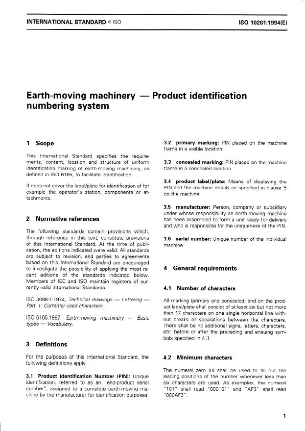 ISO 10261:1994 - Earth-moving machinery -- Product identification numbering system