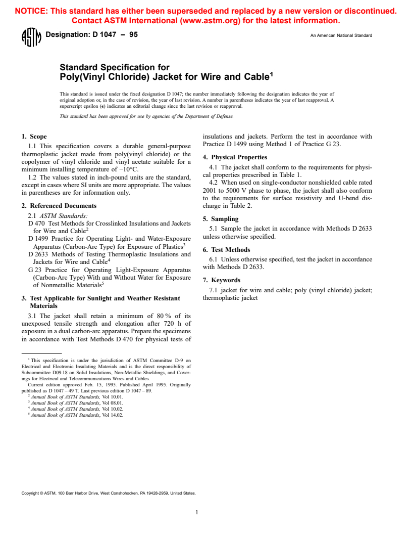 ASTM D1047-95 - Standard Specification for Poly(Vinyl Chloride) Jacket for Wire and Cable