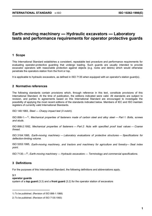 ISO 10262:1998 - Earth-moving machinery -- Hydraulic excavators -- Laboratory tests and performance requirements for operator protective guards