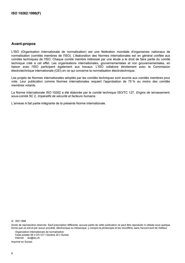 ISO 10262:1998 ISO 10262:1998 - Engins de terrassement -- Pelles hydrauliques -- Essais de laboratoire et criteres de performance des structures de protection de l'opérateur - Page 2 preview